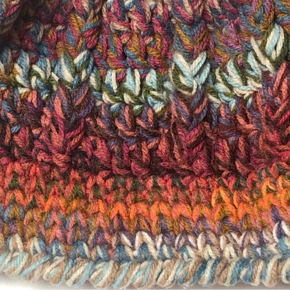 Girls Knit Hat Tan, Blue, Pink, Orange Hand Knitted Beanie Hat - Picture 4 of 5